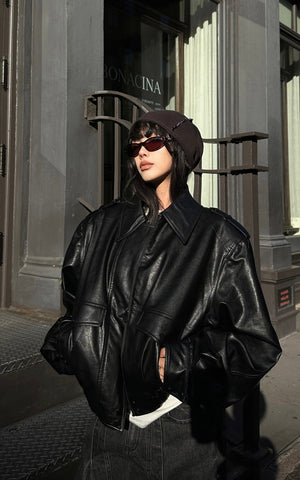 Cropped Leather Jacket with Epaulettes and Utility Pockets