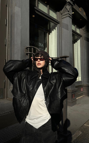 Cropped Leather Jacket with Epaulettes and Utility Pockets