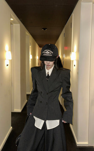 Pinstripe Suit Set with Blazer Shirt and Wide Trousers