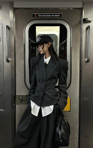 Pinstripe Suit Set with Blazer Shirt and Wide Trousers