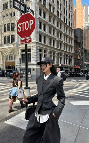 Pinstripe Suit Set with Blazer Shirt and Wide Trousers
