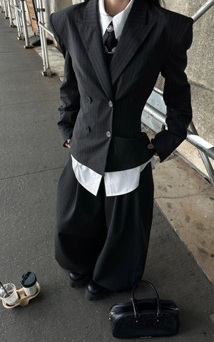 Pinstripe Suit Set with Blazer Shirt and Wide Trousers