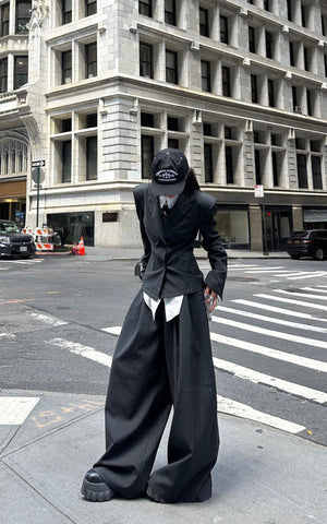 Pinstripe Suit Set with Blazer Shirt and Wide Trousers