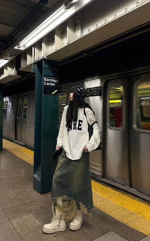 Distressed Denim Skirt with Deconstructed Hem and Vintage Washed Edge