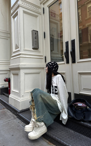 Distressed Denim Skirt with Deconstructed Hem and Vintage Washed Edge