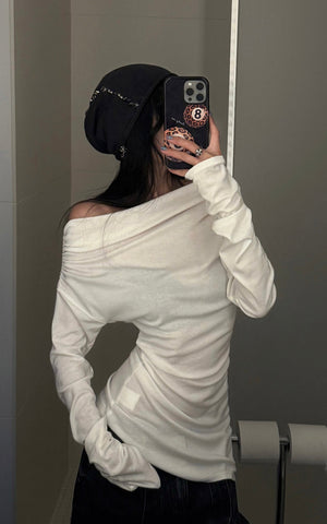 Off-Shoulder Ruched Long Sleeve T-Shirt