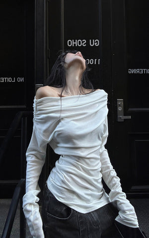 Off-Shoulder Ruched Long Sleeve T-Shirt