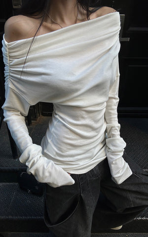 Off-Shoulder Ruched Long Sleeve T-Shirt