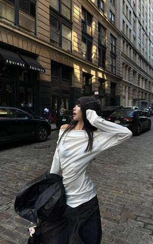 Off-Shoulder Ruched Long Sleeve T-Shirt