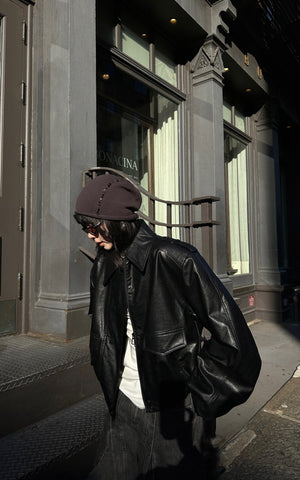 Cropped Leather Jacket with Epaulettes and Utility Pockets