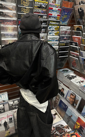 Cropped Leather Jacket with Epaulettes and Utility Pockets