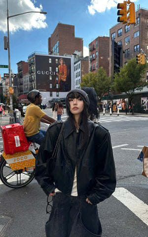 Cropped Leather Jacket with Epaulettes and Utility Pockets