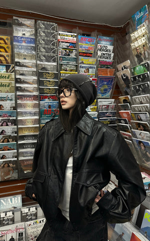 Cropped Leather Jacket with Epaulettes and Utility Pockets