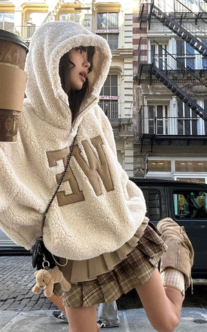 Oversized Wool-like Fleece Hoodie with WE Letter Patch