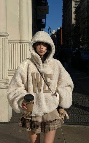 Oversized Wool-like Fleece Hoodie with WE Letter Patch