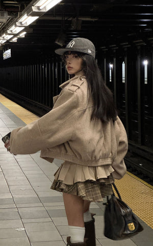 Cropped Wool-Like Coat with Double Breasted Design and Structured Lapel