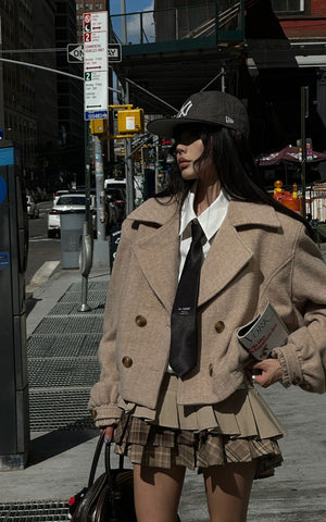 Cropped Wool-Like Coat with Double Breasted Design and Structured Lapel