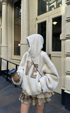 Oversized Wool-like Fleece Hoodie with WE Letter Patch