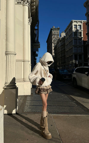 Oversized Wool-like Fleece Hoodie with WE Letter Patch