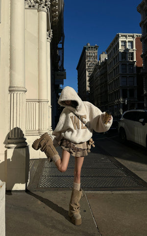 Oversized Wool-like Fleece Hoodie with WE Letter Patch