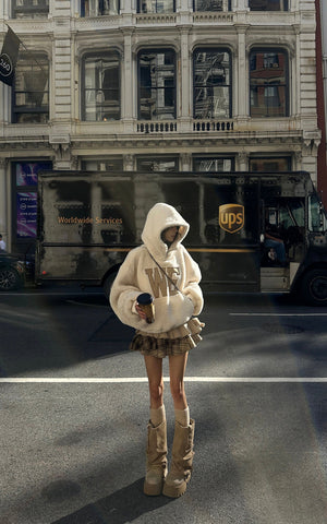 Oversized Wool-like Fleece Hoodie with WE Letter Patch