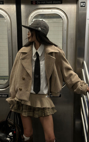 Cropped Wool-Like Coat with Double Breasted Design and Structured Lapel