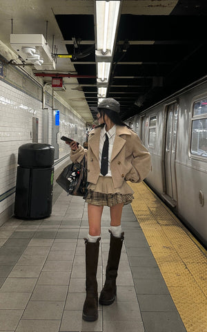 Cropped Wool-Like Coat with Double Breasted Design and Structured Lapel