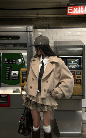 Cropped Wool-Like Coat with Double Breasted Design and Structured Lapel