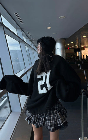 Oversized Knit Sweater with Textured Number Motif