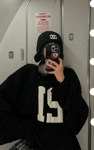 Oversized Knit Sweater with Textured Number Motif