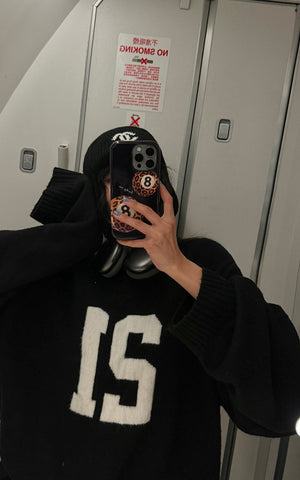 Oversized Knit Sweater with Textured Number Motif