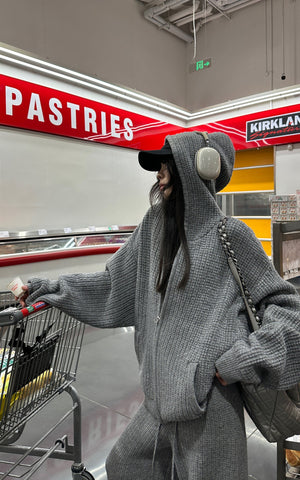 Oversized Knit Hoodie and Wide-Leg Pants Set