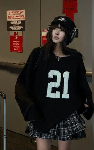 Oversized Knit Sweater with Textured Number Motif