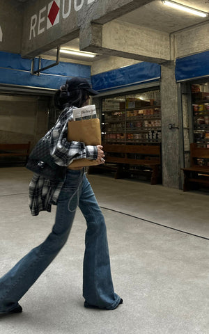 Vintage Flare Denim Jeans Low Rise Bootcut Pants with Zipper Details