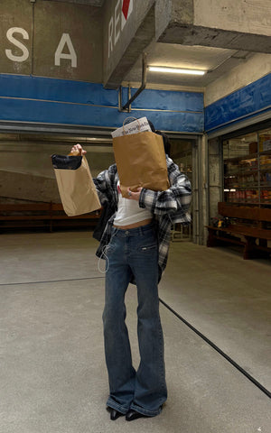 Vintage Flare Denim Jeans Low Rise Bootcut Pants with Zipper Details