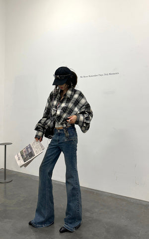 Vintage Flare Denim Jeans Low Rise Bootcut Pants with Zipper Details