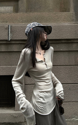 Asymmetric Hem Ribbed Knit T-Shirt