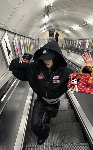 Moto Patch Hooded Cropped Bomber Jacket