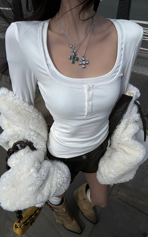 Layered Effect Long Sleeve Top Square Neck Button Detail Tee
