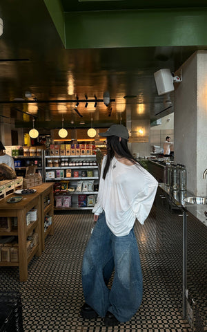 Wide-Leg Curved Panel Denim Pants