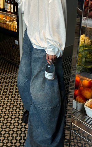 Wide-Leg Curved Panel Denim Pants