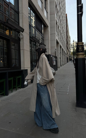 Wide-Leg Curved Panel Denim Pants