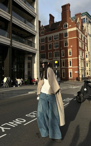 Wide-Leg Curved Panel Denim Pants