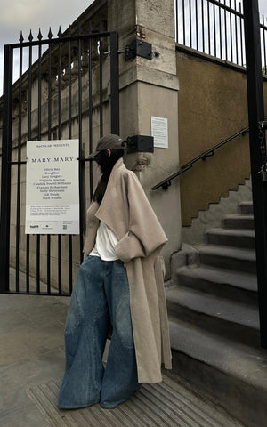 Wide-Leg Curved Panel Denim Pants