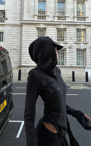 Slim Fit Hooded Long Sleeve Top with Pocket and Metal Eyelet Detail