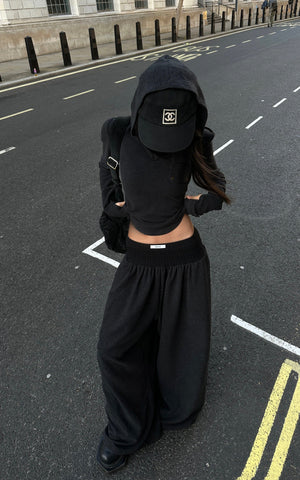 High Waist Wide Leg Pants with Ribbed Waistband and Fluid Silhouette