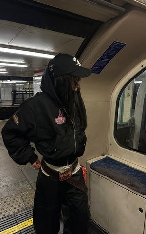 Moto Patch Hooded Cropped Bomber Jacket