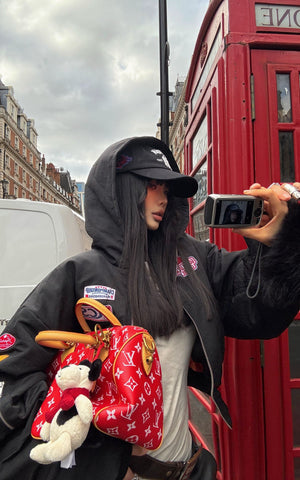 Moto Patch Hooded Cropped Bomber Jacket