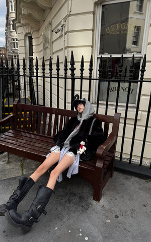 Gray Asymmetric Skirt with Lace Panel and Tie Detail