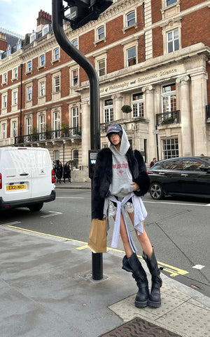 Gray Asymmetric Skirt with Lace Panel and Tie Detail
